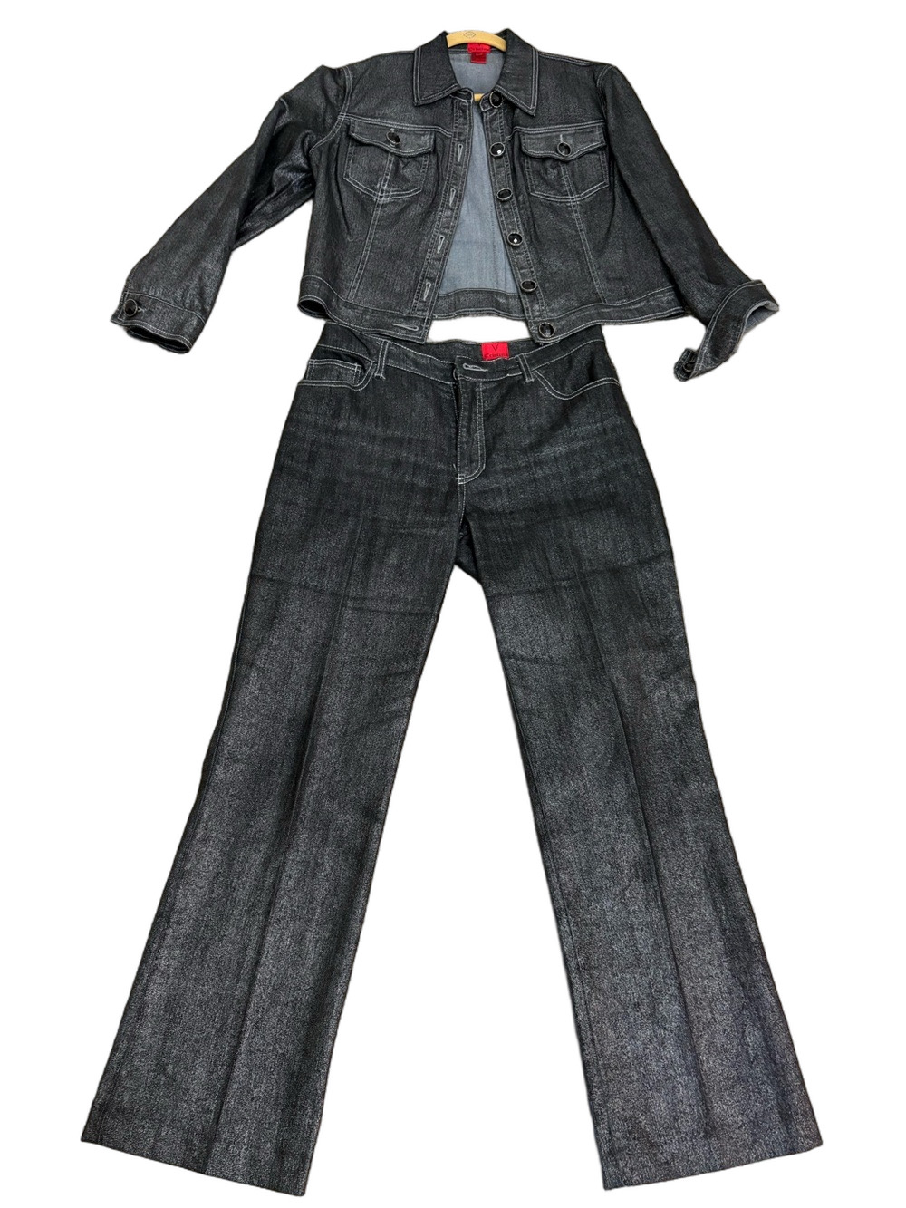 V Christina Black Shimmer Two-Piece Denim Jacket & Pants Set